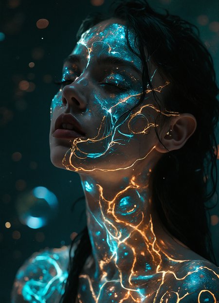 The image depicts a woman with a remarkable glowing, pulsating pattern adorning her face and body. This intricate pattern is composed of interconnected lines and shapes, weaving together to form a mesmerizing and unique design. The woman's expression on her face is neutral, her eyes serenely closed, and her lips parted slightly. She exudes an aura of calmness and tranquility.
The body of the woman is depicted as slender and toned, enhanced by long, flowing strands of hair cascading down her back. The captivation of the viewer intensifies as the glowing pattern sets her apart, giving her an enchanting and mystical appearance. The design drawn upon her skin seems to dance and pulsate, creating an otherworldly atmosphere that sparks the imagination and curiosity of observers.
The intricate nature of the pattern suggests careful thought and intentional conceptualization, hinting at a deeper symbolic meaning. The interplay of lines and shapes on her face and body conveys a sense of harmony and unity, reflecting