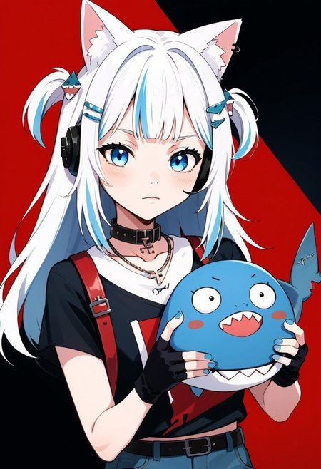 score_9, score_8_up, score_7_up, source_anime, beautiful detailed face, BREAK, GAWR GURA, 
1girl, solo, long hair, blush, bangs, blue eyes, shirt, hair ornament, gloves, holding, animal ears, jewelry, closed mouth, blue hair, weapon, short sleeves, grey hair, multicolored hair, choker, black gloves, hairclip, virtual youtuber, cat ears, fingerless gloves, necklace, nail polish, collar, two side up, streaked hair, animal ear fluff, black shirt, headphones, piercing, cross, instrument, blue nails, black collar, shark hair ornament, gawr gura, bloop \(gawr gura\)
