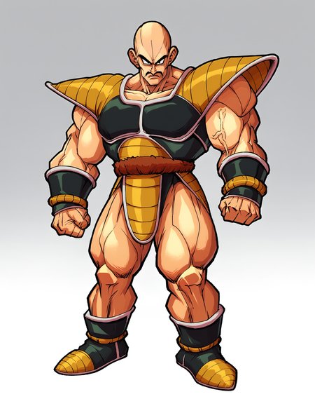 score_9, score_8_up, score_7_up,
looking at viewer,gradient background, 
nappaxl, solo, 1boy, mustache, gloves, boots, full body, saiyan armor, clenched hands, veins, thick thighs, looking at viewer,bald,shoulder armor, 
<lora:fontezxl2:1>,     <lora:nappaxl3:0.7>