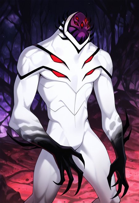 masterpiece, best quality, amazing quality, very aesthetic, absurdres, newest,, detailed background, 
highbreed, extra eyes, solo, alien, white skin, purple face, , monster, red eyes, black hands, , claws, black head spikes, white body,