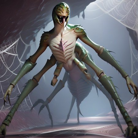 alien humanoid, score_9, score_8_up, score_7_up, 3d, dynamic pose, no human, solo (gorgon, (  2 arms underneath chest, 2 legs),  multi eyes, ) Giant, arachnid, arthropod limbs, projectile spewing webbing, large abdomen, spider legs, chitin, spiky back, yellow eyes ,mandibles, extra eyes, monster, claws, monster,  teeth, sharp teeth,   arachnid, skinny body, insect eyes, multiple eyes, spider webs, sci-fi theme, (detailed background, dark, cave) <lora:Gorgon_-_Evolve:0.85> <lora:Pony_DetailV1.0:1>