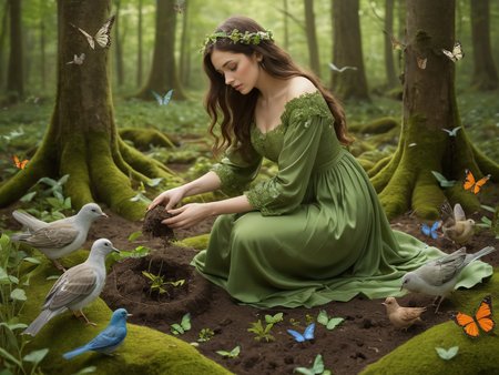 Mother nature, dressed in a mossy green gown, surrounded by birds and butterflies, kneeling, tilling the soil with her bare hands, planting seedlings  (Use Dream Diffusion Secret Prompt) <lora:add-detail-xl:0.9>