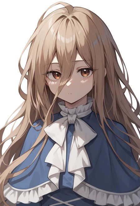 score_9,score_8_up,score_7_up,<lora:sousou_no_frieren_all-000020:0.6>,1girl,  absurdly_long_hair, blue_capelet, brown_eyes, brown_hair, commentary_request, expressionless, frills, hair_between_eyes, highres, looking_at_viewer, sense_\(sousou_no_frieren\), simple_background, solo, white_ascot, white_background