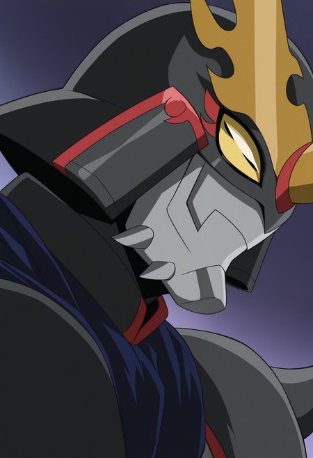 masterpiece,best quality,amazing quality, 1boy, solo, t4ct1m0n, digimon (creature), horned helmet, blue cape, spiked shoulder armor, colored sclera, face mask, close up, side angle,
