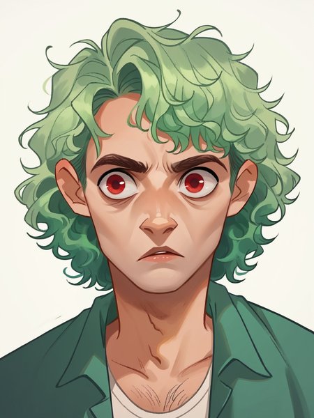 score_9, score_8_up, score_7_up, score_6_up, score_5_up, <lora:kangyannanXLP:0.8> kangyannan, white background, 1boy, green hair, red eyes,