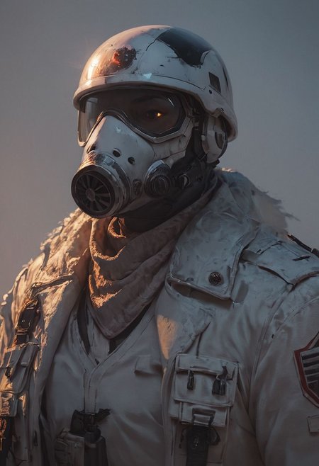 score_9, score_8_up, score_8_up, Sci fi white snow trooper, Gas mask, grimdark, soldier helmet, sci fi, long jacket, glowing energy pack, (white coat, white outfit, white armor), simple design,