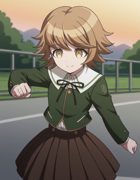 score_9, score_8_up, score_7_up, source_anime, <lora:chihiro-fujisaki-s1-ponyxl-lora-nochekaiser:1>, chihiro fujisaki, short hair, bangs, brown hair, brown eyes, male focus, otoko no ko,, skirt, shirt, long sleeves, ribbon, school uniform, jacket, pleated skirt, black ribbon, neck ribbon, brown skirt, green jacket,, suburban neighborhood, morning jog, earphones, running shoes, fresh air, sunrise, smile, , arm wrapped around someone, solo,, cowboy shot, dutch angle