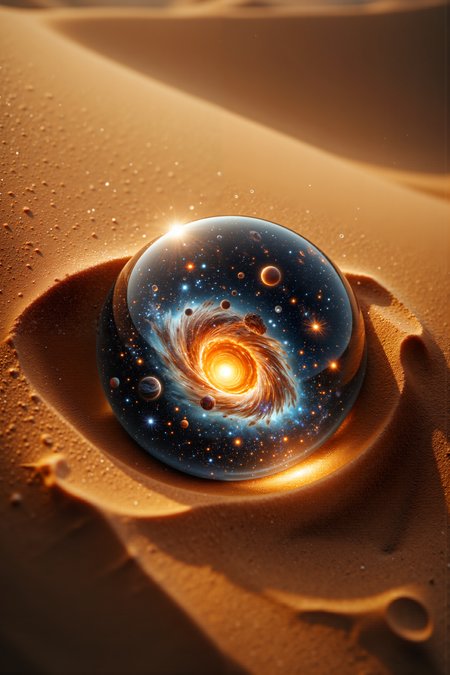 A hyper-realistic portrait, photorealistic photo close-up image of  A perfectly preserved, miniature galaxy swirling inside a clear, glass marble, nestled in the sandy crevice of a colossal sand dune in a barren desert. The marble, no larger than a pebble, contains stars, nebulae, and tiny planets orbiting a glowing, central sun, all visible through its transparent surface. The sand dune, with its rippling patterns and golden hue, stretches out for miles, creating a stark contrast to the vibrant colors within the marble. The sun overhead beats down relentlessly, causing the marble to sparkle and the galaxy within to shimmer as if itâs alive. The vast emptiness of the desert amplifies the marbleâs significance, making it appear as a hidden treasure in an endless sea of sand. The wind occasionally shifts the sand around the marble, partially burying and then revealing it again, adding to the sense of mystery. The scene captures the awe of discovering something extraordinary in the most unlikely of places, where the tiny galaxy holds the grandeur of the cosmos within a single marble. (photography, high-resolution, dynamic, energetic,hyper-realistic, dramatic lighting, shallow depth of field.), detailmaximizer, MythP0rt<lora:midjourney_whisper_flux_lora_v01:0.55><lora:aidmaMJ6.1-FLUX-V0.1:0.4><lora:FluxMythP0rtr4itStyle:0.4><lora:detailed_flux_ntc:2.2><lora:aidmaImageUpgrader-FLUX-V0.1:0.65>