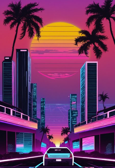 synthworld, synthwave, vaporwave, retro, car, black palm trees, sunset, city skyline
