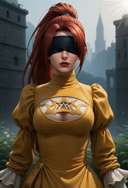 end_jngr3y, 1girl, solo, long hair, looking at viewer, green eyes, upper body, red hair, lips, dress , red nails, emphasis lines, red lips, outdoors, juliet sleeves, clothing cutout, gloves, cleavage cutout, covered eyes, long sleeves, feather-trimmed sleeves, puffy sleeves, yellow dress, blue pauldrons, headband,long hair, high ponytail, upper body BREAK PonyXLV6_Scores
