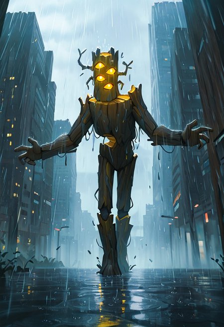 masterpiece, best quality, amazing quality, very aesthetic, absurdres, newest, cinematic, movie scene, foreground blur, 
creaking, no humans, standing, monster, glowing eyes, yellow eyes, solo, 3 eyes, yellow sclera, wooden body,
bright day, rain, stretched arms,  puddles, raining, city,