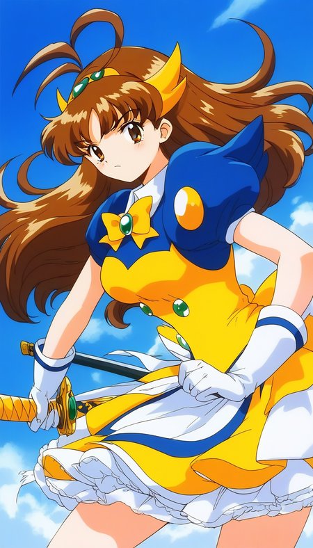 score_9, score_8_up, score_7_up, source_anime, rating_explicit, BREAK  <lora:Tsurugino_Mai_XL:1> Tsurugino_Mai, 1girl, solo, brown hair, weapon, gloves, sword, long hair, holding,  medium breasts,
brown eyes, bow, yellow bow, holding weapon, holding sword, magical girl, 
hairband, skirt, short sleeves, white gloves, Yellow armor, dress, white skirt, blue shoulder armor,
looking at viewer, antenna hair, puffy sleeves, bangs, puffy short sleeves,
outdoor, day, sky,