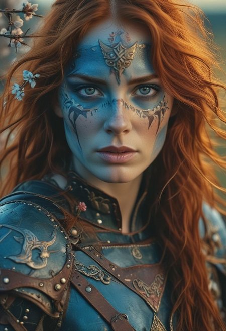 close up portrait of an Irish woman, red haired female, celtic warrior , beautiful, long red hair, blue warrior face paint under her eyes, leather armour, soft lighting, film grain, , upper body, epiCPhoto, Prunus spinosa flowers, sunset sky, stunning, contest winner, hyperrealism, steven mccurry portrait, photography alexey gurylev, alessio albi