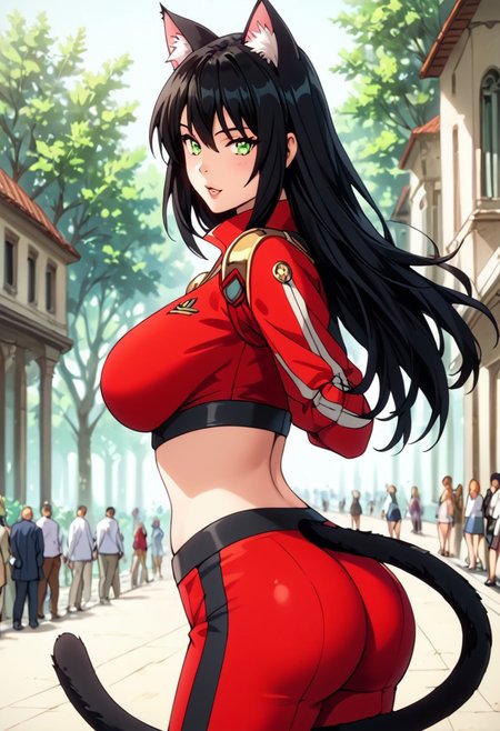 score_9, score_8_up, score_7_up, woman catgirl, cat ears, black cat ears, fuzzy cat tail, black tail, black long tail, 8k, masterpiece, high quality, highly detailed, professional, shallow depth of field, long hair, green and brown eyes (perfect eyes), perfect face, black hair, wide midriff, wearing red pilot bodysuit with black stripes, pilot suit, red pilot suit (black stripes), cowboy shot, dutch angle, best quality, best illumination, best shadow, an extremely delicate and beautiful, finely detail, depth of field, classic, highres, perfect lighting, colorful, large breasts, natural breasts (large), big ass, 23 years old woman, big booty, big ass, german, natural beauty, alluring, clean skin, white skin PG, outdoors, nature park, ninas twin sister, sharp, standing, dynamic front poses, in loving, loving, romantic, cheery, cheerful, modest, tail on but