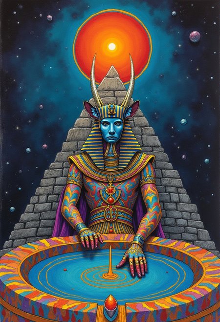 a drawing of Lunar Anubis, Egyptian psychadelic journey, a pharoh having a psychadelic vision, drinking from the tree of life, ((sigil of pyramid, sigil of great power, frames cube FancyTurning:1.5), (three planes) X Y Z in occult space, colorful psychedelic Egyptian themed trip, drinker of the fountain of life,