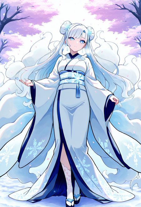 masterpiece, best quality,   zzNinetalesA, 1girl, solo, twin buns, trailing side bangs, layered kimono robe, frost-patterned sash, icy obi belt, lace-trimmed leggings, snowflake hairpin, sakura grove in snow, delicate pose. Under a canopy of frozen cherry blossoms, she stands in a poised stance, her layered kimono rippling in the frigid breeze. Frost etchings glint on her sash and sleeves as she lifts one hand gently to catch a falling petal of ice. Her breath fogs the air, matching the pale hues of the grove.  <lora:NinetalesAlolanPokedex_IXL_v1:1.0>,