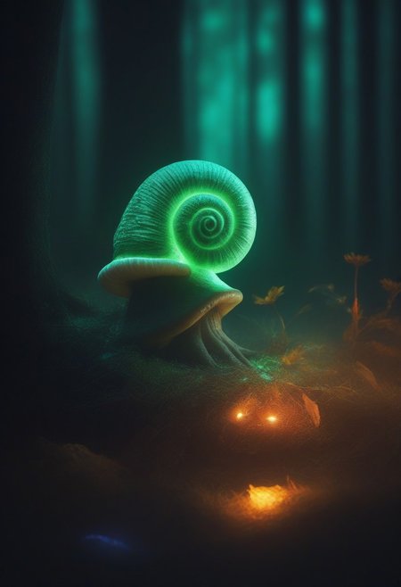 (snail wizard googly eyes), eating candy, sharp  teeth, Close up, blurry background.
glowing tress, forest
zavy-flrscnc, fluorescent, fluorescent spraypaint,