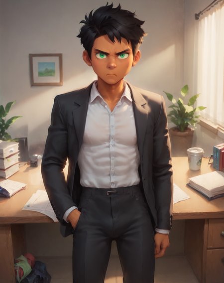 score_9, score_8_up, score_7_up, <lora:MaxCamp:0.8>, 1boy, solo, Max, black hair, green eyes, dark skin, black suit, indoors, office, frown, looking at viewer,  <lora:Realistic_2.5DAnime_Merge1:0.8>