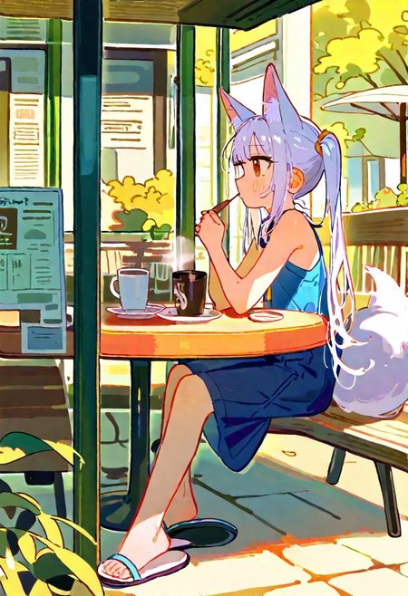 masterpiece, best quality, amazing quality, absurdres, newest, sfw,
1girls, solo, outdoors cafe, trendy outfits, shade, sitting at table, coffee, long hair, twintails, white hair, fox ear, candit shot, fox tail, hot coffee 
tianliang_duohe_fangdongye:0.7