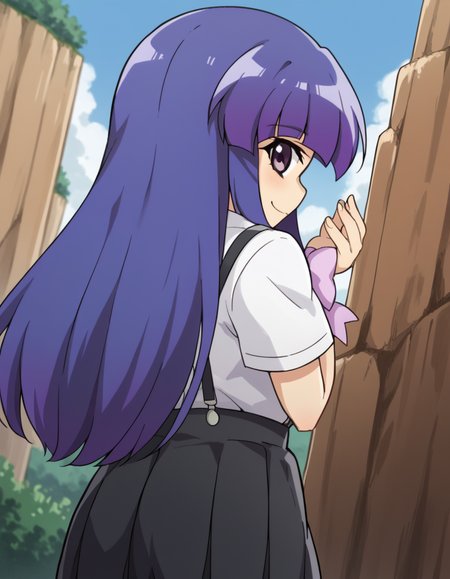 score_9, score_8_up, score_7_up, source_anime, <lora:rika-furude-s4-ponyxl-lora-nochekaiser:1>, rika furude, long hair, bangs, blue hair, purple eyes, blunt bangs, purple hair,, skirt, shirt, bow, school uniform, white shirt, short sleeves, pleated skirt, bowtie, black skirt, suspenders, pink bow, suspender skirt,, cliff, height, rocks, nature, sky, smile, <lora:dio-brandos-pose-ponyxl-lora-nochekaiser:1>, dio brandos pose, dio brando's pose (jojo), back, ass, from behind, jojo pose, standing, blush, smile, bed room,, looking at viewer, solo,, dutch angle, cowboy shot