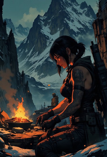 In the style of ff-td, nistyle, Silhouette Art, magnificent, crisp lines, closeup portrait of stunning mercenary, mountain top, overlooking a huge valley, beautiful girl, breasts, curvy, looking down scope, looking away from viewer, snipers nest, small campfire, cooking food, sniper rifle set up, dark braided hair, backwards hat, armor, sleeveless, arm sleeve tattoos, muscle tone, dogtags, sweaty, foreshortening, depth of field, at night, night, alpine, lightly snowing, dusting of snow, 
Closeup, detailed face, freckles,