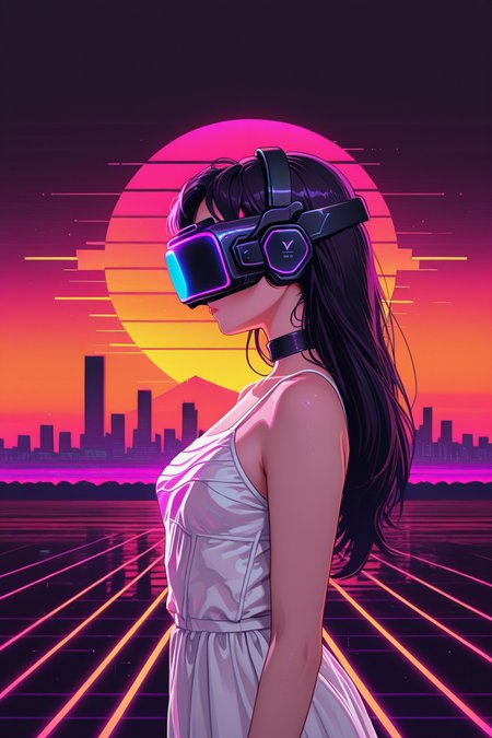 1girl, solo, alone, white dress, from side, vr headset,   <lora:synthwave_style_illustriousXL-000021:1>, synthwave_style, horizontal striped sun, masterpiece, highres