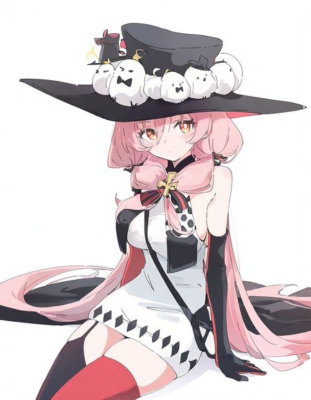 1girl,(simple background:1.1),(white background:1.2),solo,cowboy shot,qiaoshou,sitting,looking at viewer,<lora:qiaoshou-000012:0.8>,hat,asymmetric thighhighs,orange eyes,, masterpiece, best quality, very aesthetic, absurdres,newest, incredibly absurdres,, (Ixy:0.6)),(hiten \(hitenkei\):0.7),