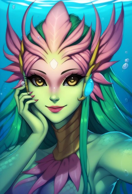 score_9, score_8_up, score_7_up, score_6_up, riv3rspiritn4mi, 1girl, monster girl, mermaid, green skin, colored skin, navel, yellow eyes, long hair, green hair, scales, shiny scales, <lora:River_Spirit_Nami_v2:0.7>, detailed eyes, detailed face, young face, perfect face, holding own hair, face focus, face close-up, upper body, adorasexy, looking at viewer, source_anime, eye_focus, close-up, solo, looking_at_viewer, fingernails, nail polish, pink lipstick, smile, suggestive smile, seductive smile, horny, ((underwater)), air bubbles, bubbles, water effect, underwater effect, selfie, covered nipples