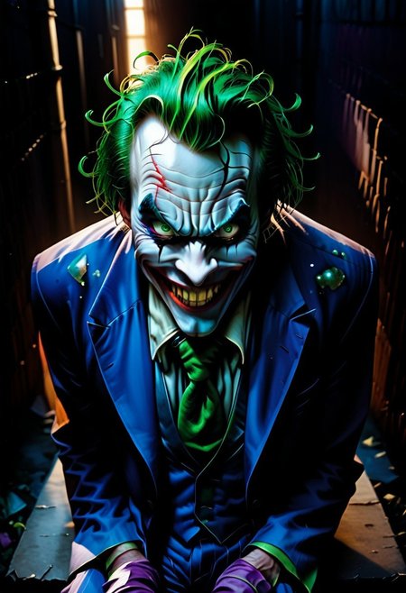 Score_9, score_8_up, score_7_up, rating_explicit, uncensored,  
Break, 
the joker, 1boy, solo, green hair, suit, smile, formal, necktie, gloves, green eyes, messy hair,
Break,
Joker outfit
Break, 
(sitting:1.5), 
Break, 
(above view:1.5), (angry expression:1.3), (crazy eyes;1.3), (upper body focuse:1.7)
Break,
(Dark alleyway background:1.5), 
Break,
(Painstakingly detailed:1.5), (8KHD), (professional artwork:1.4), (amazingly realistic:1.4) 
Break,
(dark dramatic lighting:1.2), (night time:1.5), dramatic chiaroscuro lighting, 
Break, 
easynegative, ng_deepnegative_v1_75t, Expressiveh, verybadimagenegative_v1.3,