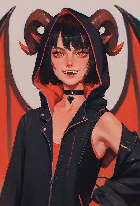 score_9, score_8_up, score_7_up, score_6_up, VitWaterStyle, 1girl, horns, solo, tail, wings, hood, demon tail, armpits, black hair, open mouth, demon wings, smile, :d, demon horns, looking at viewer, choker, jacket, upper body, black choker, black jacket