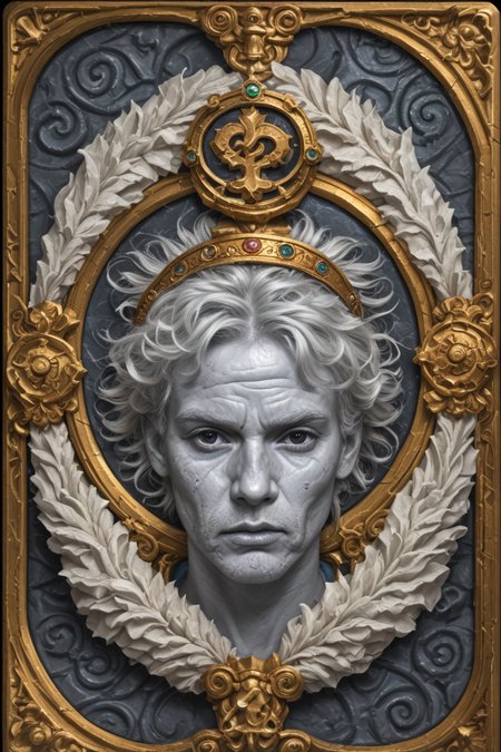 score_9,score_8_up,score_7_up,
hyper-detailed, masterpiece, best quality,realistic details,
Card, Tarot, graphic border, Illustrative,obsidian stone, skeuomorphic, detailed,  upper body,Yellow crown, Scepter,
(An Marble statue of old man:1.2), White hair, Wrinkled face,head down,Short hair,Black eyes,
, (Open mouth:0.2), Confused,  Gorgeous and expensive clothes,Thin hair, green atmosphere,
<lora:sdxl_lightning_8step_lora:1>
<lora:DM_CB:1>