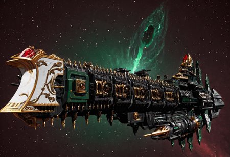 (Digital illustration), bold lines, dramatic shading, line art, concept art style,digital painting,digital illustration, dark red and green and gold and white impstarship (Emperor-class Battleship) ship head black hole,in outer space,solo,side view,ornate, accretion disk, ship with massive multidesk cannon ports and covered with Gothic cathedrals,