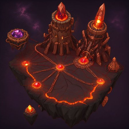 1 island, darkblack to to darkred, (lava:2.6) rock, cliff, lava strains, cracks, broken columns, tectonic fault, (ruins:0.5), lavascape, plain darkgray to gray background, mecha rusty parts around map, (((thick outlines:2.2))), (magic gemstone glowing darkred to copper:1.8), broken pillars arcs, (copper wires:1.8)
