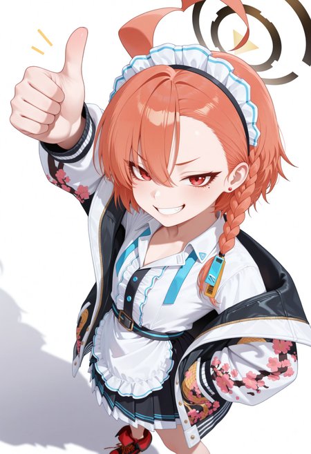 masterpiece, best quality, amazing quality, very awa,absurdres,newest,very aesthetic, standing, looking at viewer, (thumbs up),arm up, reaching hand, smile,close-up, ((white background)), front view, from side, smug,, looking at viewer, v sign
 <lora:Neru illu:1> 1girl, halo, mole under eye, red eyes, orange hair, single braid, ahoge, short hair, huge ahoge, asymmetrical bangs, maid headdress, jacket, sukajan, long sleeves, floral print, off shoulder, open jacket, collared shirt, center frills, belt, white apron, black skirt, pleated skirt, red footwear, chains