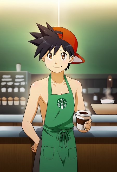 red_sp, black hair, brown eyes, backwards cap, red baseball cap, 1boy, solo focus, solo, subtle muscle, shirtless, wear black tight short, smile, young, wear apron, work as barista, at coffee shop