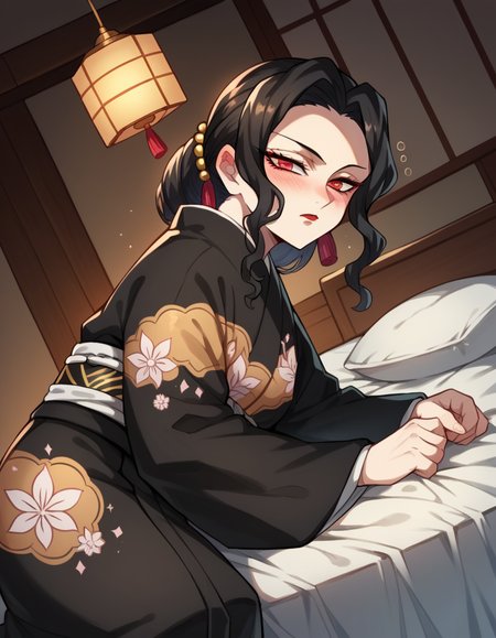 score_9, score_8_up, score_7_up, source_anime,
muzankibutsuji, <lora:muzan-kibutsuji-ponyxl-lora-nochekaiser:1>,
muzan kibutsuji, black hair, hair ornament, red eyes, red lips,
japanese clothes, wide sleeves, kimono, sash, obi, floral print, black kimono,
indoors, bed, bed room, on side, blush, drunk,
solo, dutch angle, looking at viewer, cowboy shot,
