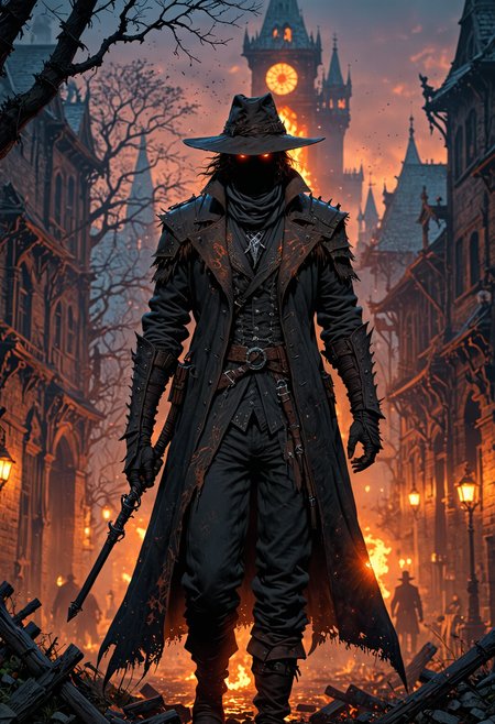 silhouette of a The Hunter in the city of Yharnam, Bloodborne, glowing eyes, t-shirt design, dark magic splash, gothic, Halloween, burnt orange gradient, magic, nature, clean background, magic splash, 3D vector art, fantasy art, watercolor effect, bokeh, Adobe Illustrator, hand-drawn, digital painting, soft lighting, isometric style, retro aesthetic, 4K resolution, using Cinema 4D, natural lighting, cinematic, masterpiece, highly detailed, intricate, extreme textures, horror, terryfying, creepy, Scary  <lora:EpicF4nta5yXL:0.8>