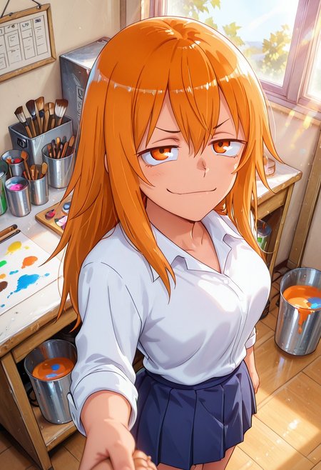 1girl, solo, masterpiece, best quality, newest, absurdres, CG, anime, source anime, illustration, very aesthetic, high resolution, ultra-detailed, newest, scenery, medium depth of field, rule of thirds, masterpiece-level, clean lines, Nagatoro_Hayase
BREAK 1girl, ((solo)), (solo focus:1.25), Gamou_Maki, orange_eyes, orange_hair, long_hair, hair_between_eyes, medium_breasts
 school_uniform, white_shirt, collared_shirt, pleated_skirt, blue_skirt, sleeves_rolled_up
standing, paints on the viewer itself, smug, teasing, holding a paintbrush in her hand, looking up,  looking at viewer, from above, pov,
indoors, art studio, canvases on stands, paint cans, brushes, day, alternate poses, sunny day, sunlight, from both sides
cinematic angle, various angles, detailed background, beautiful background, (rays light:1.0),(grow:1.0) mystical, luminism, vibrant colors