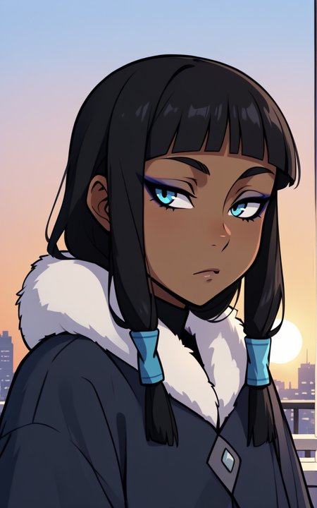 best quality, absurdres, <lora:BolivanteStyleITS:0.8>, <lora:ELKITS:0.8>, boots, coat,dark blue coat, sleeves past wrists, sleeves past fingers, long sleeves, fur trim, black hair, dark-skinned female, dark skin, bangs, blunt bangs, sidelocks, blue eyes, eyeliner, makeup, hair tubes,slim, twilight, balcony, sun, city, winter,portrait,bored,