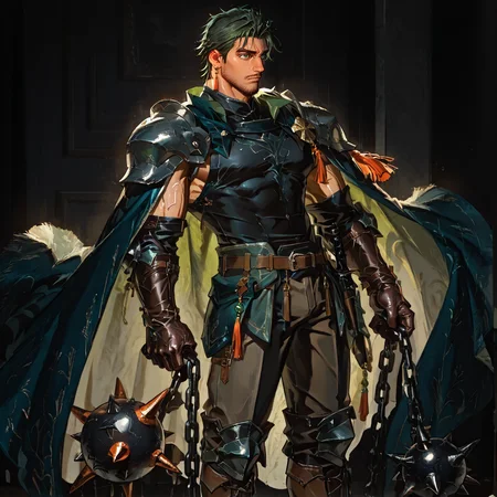 <lora:Ewan__Alchemist_Code:.75> tagatameewan, ewan_green hair, ewan_green eyes, 1boy, short hair, single earring, solo, male focus, manly, mature male, bara, muscular male, cape, pauldrons, elbow gloves, tassel, pants, boots, ball and chain (weapon),
short hair, male focus, muscular male, muscular male, bara, mature, (hairy body, hairy, body hair, glossy skin, bara, mature, facial hair, beard, full beard, sideburn, mustache, stubble), facial hair, bara, mature, body hair, aixiwuganda_(20222192), very awa, masterpiece, best quality, absurdres, newest, perfect quality, detailed background, intricate details,, <lora:slider_Body Type_alpha1.0_rank4_noxattn_last:3><lora:Anime Summer Days 2 Style SDXL_LoRA_Pony Diffusion V6 XL:.6><lora:merged:.7>, DARK, DARK BACKGROUND, LOW-KEY LIGHTING <lora:slider_cfg_scale_boost:.7><lora:Artist6p:.55>, Artist6p, Artist04p,<lora:slider_il_contrast_slider_d1:-.25>,<lora:slider_contract_controller_illus01_v1:.3>, <lora:addon_illustriousXLv01_stabilizer_v1.121:.5>,<lora:Heavenly_Beauty_r1:1>, (heavenlybeauty,)<lora:slider_style_strength_controller_illus01_v1:.25>