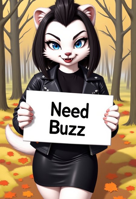score_9, score_8_up, score_7_up, highres, high quality, perfection, masterpiece,
BREAK 
1girl, (solo: 2.0), girl alone, front towards viewer, full body in view
BREAK 
furry female, ferret girl, anthropomorphic female, (anthro ferret girl: 1.2), beautiful girl, detailed fur, ((short black mohawk)), beautiful face, fangs, eyelashes, (blue eyes: 1.2), perfect eyes, detailed eyes, whiskers, small breasts, black eyebrows, black eyeshadow, black lipstick, detailed hands, perfect hands
BREAK
((black latex knee length skirt)), ((black shirt)), ((black leather punk jacket))
BREAK
standing, looking at viewer, ((holding a white sign with black text that says “Need Buzz”)), aidmatextimprover, smug smile,
BREAK
outdoors, day, park, trees, autumn, autumn leaves, falling leaves,