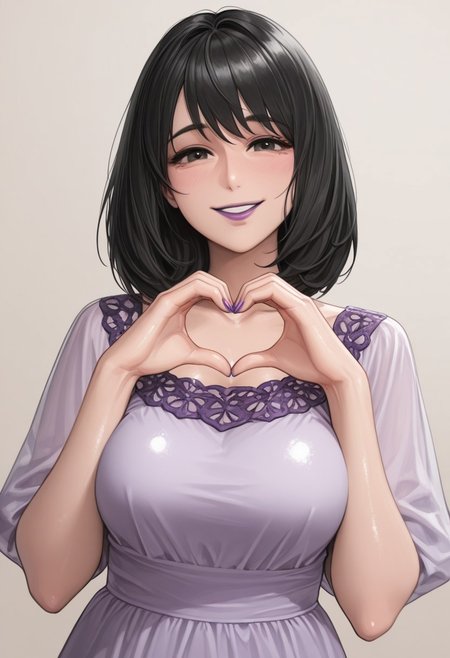 , 1girl, solo, medium build, medium hair, sfw, safe for work, covered skin, flowy dress,  black eyes, purple lipgloss, smiling, portrait, upper body, heart hands, mature female, foreshortening, detailed, newest, shiny skin, cowboy angle, solo focus, medium breasts, suou