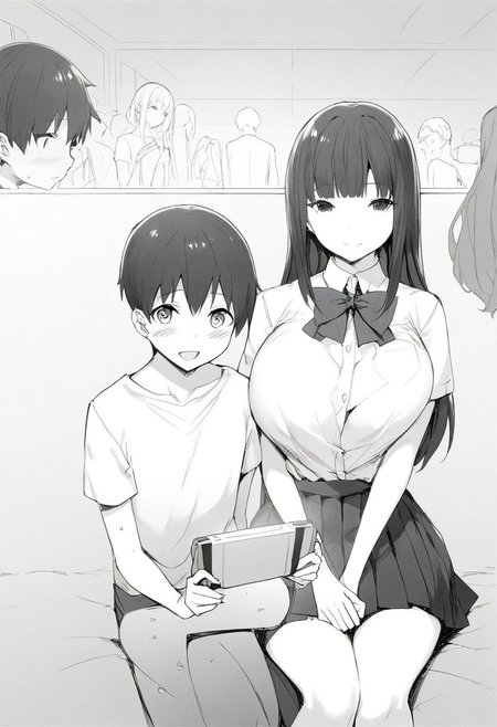skirt, original, bow, sfw,2girls, monochrome, holding, shiny hair, blush, holding game console, black and white, game console, 1boy, shiny_skin, multiple girls, looking at viewer, open_shirt, skirt set, long hair, sitting, black hair, open_clothes, shirt, bowtie, breasts, console_games, shiny hair, sweat_drop, eyebrows visible through hair, black bow, medium hair, gamepad, shiny skin, black bowtie, long skirt, pleated_skir,
 (score_9, score_8_up, score_7_up),skyart