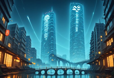 Physical characteristics of the bridge:
A large, futuristic bridge with elegant architectural lines and aerodynamic design.
Reinforced metal and glass construction, with neon light accents on the railings and under the bridge.
Support columns with built-in light panels that illuminate the bridge in different colors.
Lights and Screens:
Bright neon lights along the edges and base of the bridge that glow blue, green and pink.
Large holographic displays mounted on the columns and arches of the bridge that show advertising messages, news and visuals.
Laser projectors mounted on the roof of the bridge that create light effects and project images onto the bridge and the surrounding area.
Lighted paths along the pedestrian areas of the bridge that illuminate the way for passers-by.
Background and Environment:
Cyberpunk style cityscape with tall skyscrapers illuminated by neon signs and lights.
Streets covered in rain with lights reflecting in the wet surface creating a dramatic contrast.
Flying vehicles and drones patrolling the sky above the bridge and the city.
Atmosphere:
Bright neon lighting effects that highlight the details of the bridge and create a futuristic and dynamic atmosphere.
Muted neon colors that reflect in the wet surface of the street and bridge, creating a contrast between the modern and the traditional.
Dramatic light from neon signs and holographic displays that add depth and realism to the image.