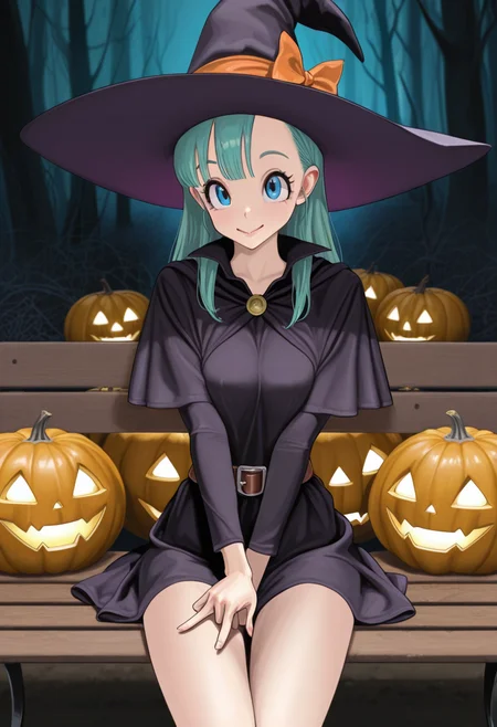 ultra detailed, masterpiece, best quality, solo, 1girl, cute, bulma, adult, long hair, slim, sitting, bench, witch hat, witch clothes, v hand, cowboy shot, pose, pumpkins, dark forest, h1r4m3d0us4, ,  <lora:HIRAMEDOUSA_Style_ILL_r1:0.81>