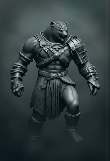 aidmaMJ6.1, Made out of paper, a PaperStyle , d4artstyle, d4concept, , d00mstyle, made of clay, ZBClay model of a gray sculpture
A powerful bear outfitted with medieval-style armor, designed for battle. The creature is equipped with metallic plating over its head, shoulders, and sides, shaped to fit its muscular build. The armor has a rugged, functional appearance, with a dark metallic finish and a saddle attached, suggesting its use as a mount or war companion. The plating provides protection to vital areas while allowing for full mobility. The bear's exposed areas reveal a thick fur coat, adding to its imposing presence. The background is dimly lit and foggy, emphasizing the armored bear's silhouette and highlighting the intricate details of its gear, creating a blend of fantasy and medieval realism.
Background solid color with a faded dimly lit, fog-covered darkness tone that emphasizes its silhouette. 
 The medium is not a traditional painting or illustrative medium like watercolor or ink but rather a digital rendering, eerie and unsettling.