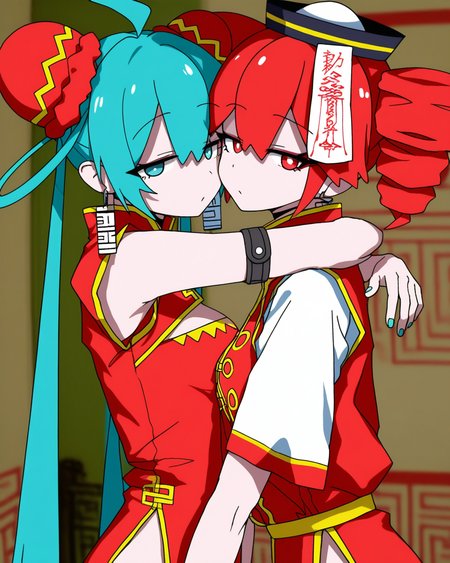 best quality, highres, masterpiece, very awa, newest, 2024,indoors, shade,  realistic,  blurry background, 
2girls, chinamiku, hatsune miku, half-closed eyes, chinese clothes, red dress, cleavage cutout, large breasts, 
chinateto, kasane teto, black hat, ofuda, red vest, white shirt,  hip vent, from side, looking at viewer, hug, side slit, 
<lora:odochina:.8>
<lora:745cmSDXLvpred75S:1>