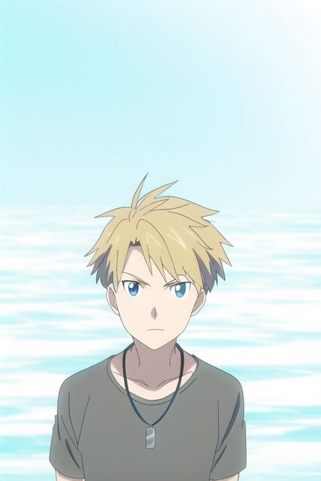 high resolution, professional photography, solo, best quality, 1Boy, Yamato Ishida, Blond Hair, Deep Blue Eyes, Necklace, dark t-shirt, looking at viewer, focused gaze forward, plain background, straight body, head upright, OverallDetail