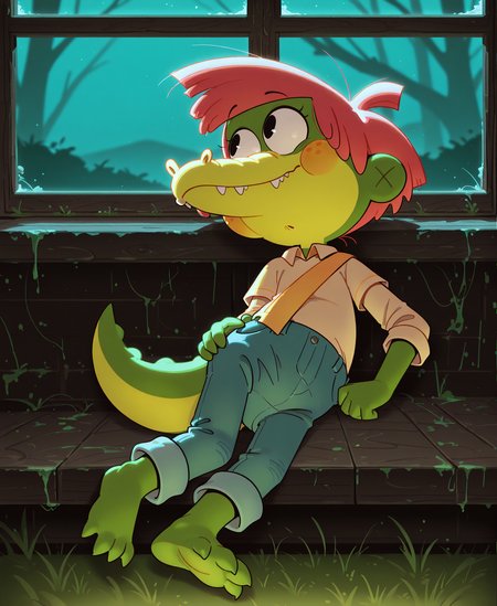 <lora:ArloIllustrious:1> Arlo Beauregard, alligator, red hair, freckles, young, scalie BREAK
night, lying, on side, looking at viewer, on a green carpet, hand on hip, feet, in a cabin, swamp on window, clothed, overalls, yellow shirt, orange strap, BREAK
<lora:spo_sdxl_10ep_4k-data_lora_webui:1> highly detailed, detailed background, absurdres, high resolution, 8K, highres, 4k, 2k, high detail, masterpiece, best quality, amazing quality, very aesthetic, absurdres,  newest, scenery, ultra-detailed, newest, scenery, volumetric lighting, painting, artstationâââ