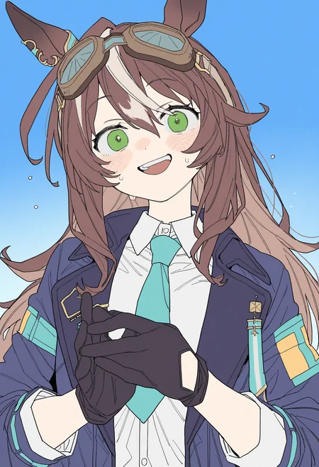 masterpiece,best quality,amazing quality,
1girl, solo, goggles, animal ears, gloves, horse ears, brown hair, goggles on head, black gloves, shirt, multicolored hair, jacket, looking at viewer, hair between eyes, white shirt, bangs, open mouth, upper body, necktie, smile, green eyes, horse girl, collared shirt, teeth, streaked hair,
 <lora:Dayama_epoch_8:1>